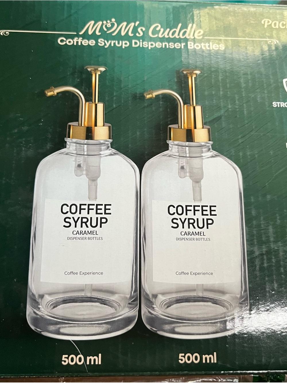 Mom's Cuddle Coffee Syrup Dispenser Bottles - Gold Pumps, Clear Glass (Set of 2)